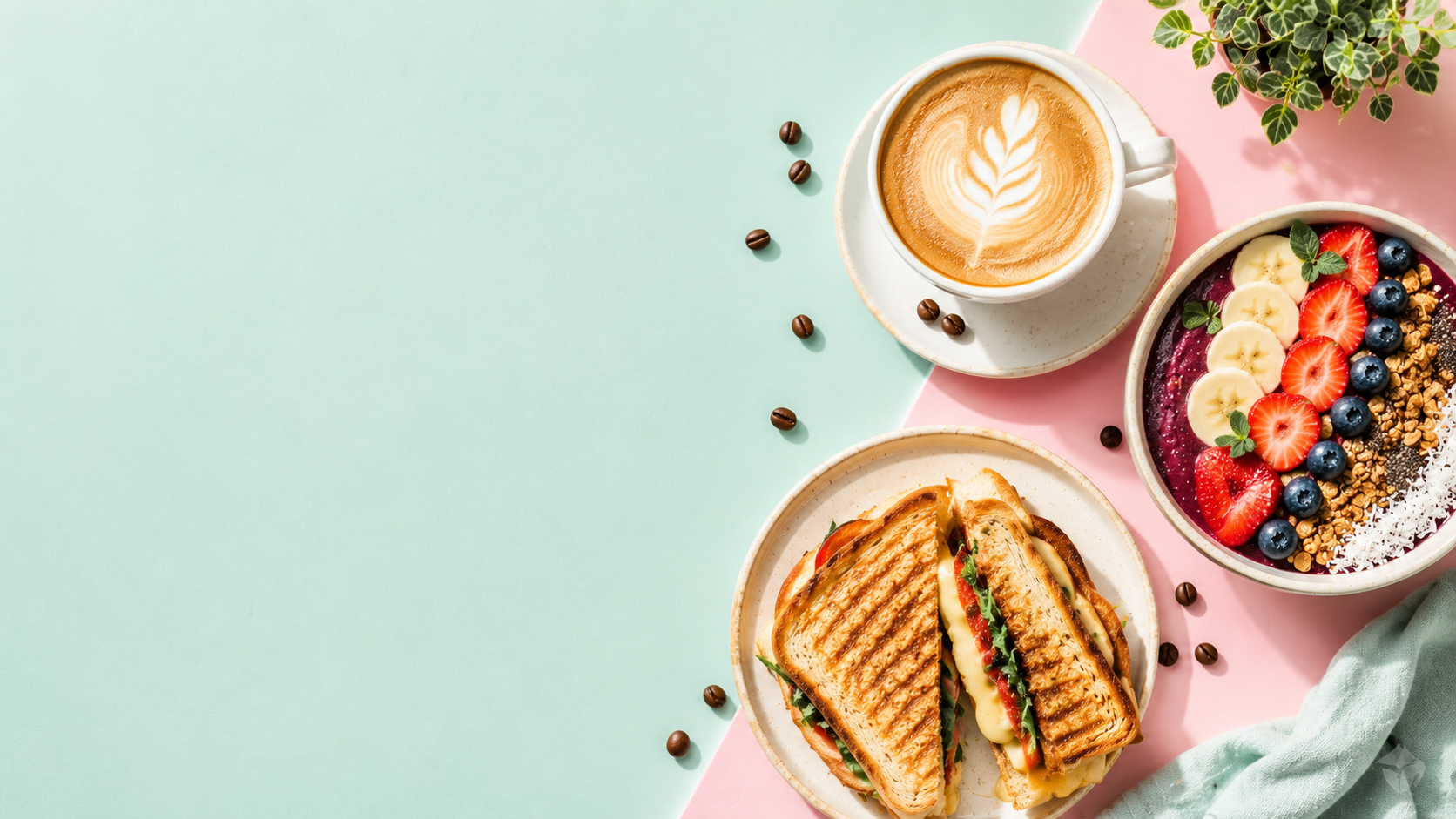 Latte art coffee, toastie and açaí smoothie bowl